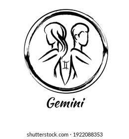 Black and white Gemini zodiac sign symbol. Hand painted Gemini symbol vector illustration. Gemini horoscope sign, symbol, icon for your design. Hand drawn Gemini sign symbol.