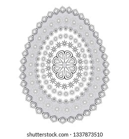 Black and white gentle easter egg mandala design illustration. Ideal for spring coloring book.