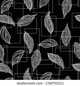 black white geo square frame leaf doodle background design