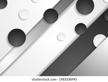 Fondo abstracto geométrico en blanco y negro con rayas y círculos. Diseño de vectores