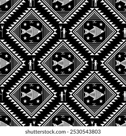 Black and white geometric abstract with fish and people Tribal pattern. Native Navajo Ethnic traditional Aztec background. Embroidery decoration backdrop design for print, clothing, wallpaper, fabric,