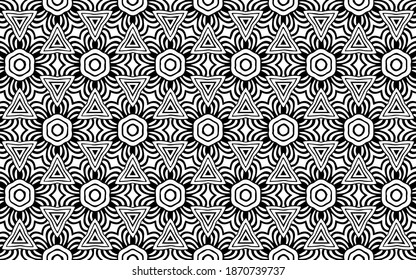 Líneas abstractas geométricas geométricas de color negro triángulo patrón de polígono de flores de estilo oriental. Gráficos vectoriales para diseño y decoración, para libro de colores.