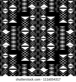 Black and white geometric abstract vector seamless pattern. Monochrome striped zigzag background. Geometry shapes, lines, stripes, triangles. Vintage swirls. Creative ethnic style design. Template