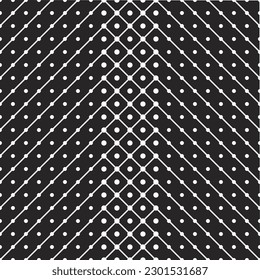 Black and white geometric background. Diagonal slanted lines with dots on them mirrored and intersect in center. Graphic monochrome modern pattern. Business poster template. Modern trendy design style