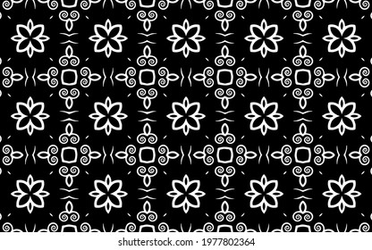 Black white geometric background. Ethnic pattern of the peoples of the East and Asia. Delicate doodling style with swirls and flowers. Template for wallpaper, stained glass, presentations, textiles.