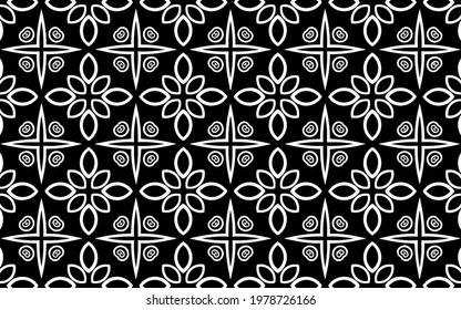 Black white geometric background. Ethnic pattern of the peoples of the East and Asia. Doodling style with swirls and stylized flowers. Template for wallpaper, stained glass, presentations, textiles.