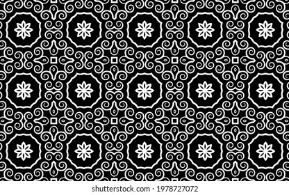 Black white geometric background. Ethnic pattern of the peoples of the East and Asia. Contemporary doodling style with swirls and flowers. Template for wallpaper, stained glass, presentations, textile