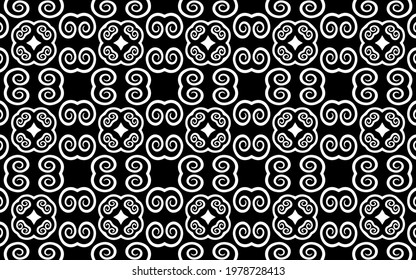 Black white geometric background. Ethnic pattern of the peoples of the East and Asia. Trendy abstract doodling style with delicate curls. Template for wallpaper, stained glass, presentations, textiles
