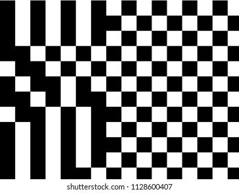 Black and white geometric background with lines, squares, rectangles. Abstraction. Minimal design. Optical illusion. Vector illustration