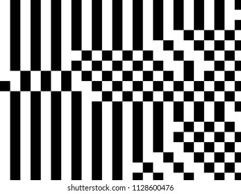 Black and white geometric background with lines, squares, rectangles. Abstraction. Minimal design. Optical illusion. Vector illustration