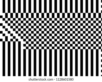 Black and white geometric background with lines, squares, rectangles. Abstraction. Minimal design. Optical illusion. Vector illustration