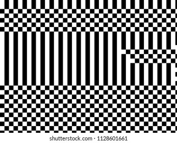 Black and white geometric background with lines, squares, rectangles. Abstraction. Minimal design. Optical illusion. Vector illustration