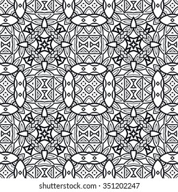 Black and white geometric background seamless pattern, repeating fabric texture, line art. Arabic, indian ornament, vector illustration.