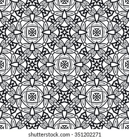 Black and white geometric background seamless pattern, repeating fabric texture, line art. Arabic, indian ornament, vector illustration.