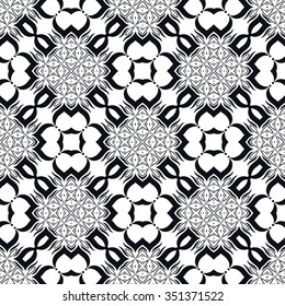 Black and white geometric background seamless pattern, repeating fabric texture, line art. Arabic, indian ornament, vector illustration.
