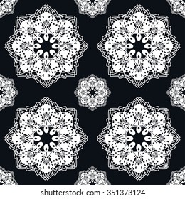 Black and white geometric background seamless pattern with mandala round circular ornament, repeating fabric texture, line art. Arabic, indian ornament, vector illustration.