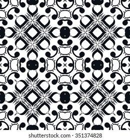 Black and white geometric background seamless pattern, repeating fabric texture, line art. Arabic, indian ornament, vector illustration.