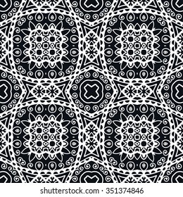 Black and white geometric background seamless pattern, repeating lace fabric texture, line art. Arabic, indian ornament, vector illustration.