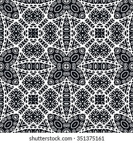 Black and white geometric background seamless pattern, repeating lace fabric texture, line art. Arabic, indian ornament, vector illustration.