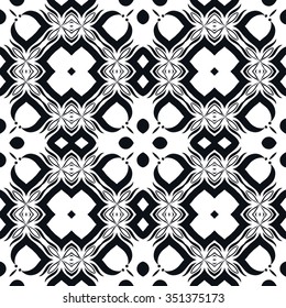 Black and white geometric background seamless pattern, repeating fabric texture, line art. Arabic, indian ornament, vector illustration.
