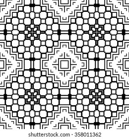 Black and white geometric background, seamless pattern, repeating fabric texture. Tribal ethnic ornament, vector illustration.