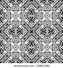 Black and white geometric background, seamless pattern, repeating fabric texture. Tribal ethnic ornament, vector illustration.