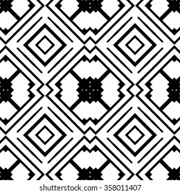 Black and white geometric background, seamless pattern, repeating fabric texture. Tribal ethnic ornament, vector illustration.