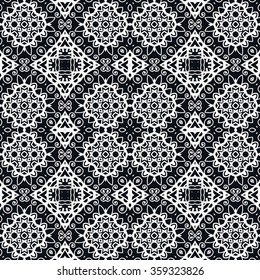 Black and white geometric background, seamless lace pattern, repeating fabric texture. Tribal ethnic ornament, vector illustration.