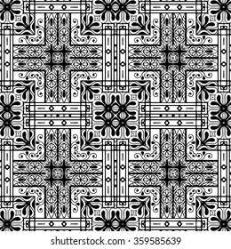 Black and white geometric background seamless pattern, repeating fabric texture. Tribal ethnic ornament, hand drawn doodle vector illustration.