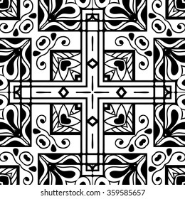 Black and white geometric background seamless pattern, repeating fabric texture. Tribal ethnic ornament, hand drawn doodle vector illustration.