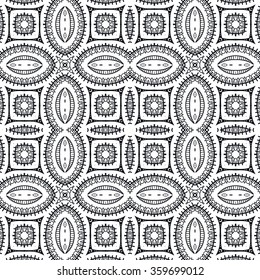 Black and white geometric background seamless pattern, repeating monochrome texture. Tribal ethnic ornament, vector illustration.