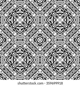 Black and white geometric background seamless pattern, repeating monochrome texture. Tribal ethnic ornament, vector illustration.