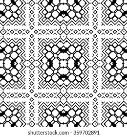 Black and white geometric background seamless pattern, repeating monochrome texture. Tribal ethnic ornament, vector illustration.