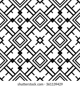 Black and white geometric background seamless pattern, repeating monochrome texture. Tribal ethnic ornament, vector illustration.