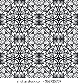 Black and white geometric background seamless pattern, repeating monochrome texture. Tribal ethnic ornament, vector illustration.