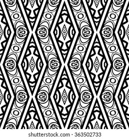Black and white geometric background seamless pattern, repeating monochrome texture. Tribal ethnic ornament, vector illustration.