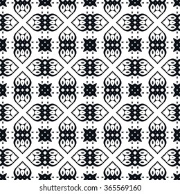 Black and white geometric background seamless pattern, repeating monochrome texture. Tribal ethnic ornament, vector illustration.