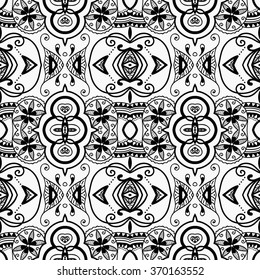 Black and white geometric background seamless pattern, repeating monochrome texture. Tribal ethnic ornament, vector illustration.