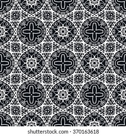 Black and white geometric background seamless pattern, repeating monochrome texture. Tribal ethnic ornament, vector illustration.