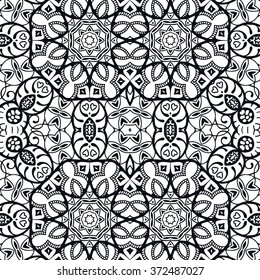 Black and white geometric background seamless pattern, repeating monochrome fabric texture. Tribal ethnic ornament, vector decorative graphic illustration