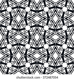 Black and white geometric background seamless pattern, repeating monochrome fabric texture. Tribal ethnic ornament, vector decorative graphic illustration