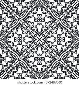 Black and white geometric background seamless pattern, repeating monochrome fabric texture. Tribal ethnic ornament, vector decorative graphic illustration