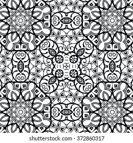 Black and white geometric background seamless pattern, repeating monochrome fabric texture. Tribal ethnic ornament, vector decorative graphic illustration