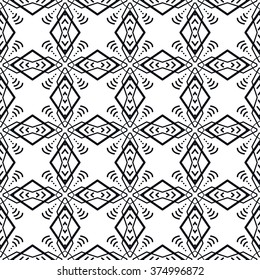 Black and white geometric background seamless pattern, repeating monochrome fabric texture. Tribal ethnic ornament, vector decorative graphic illustration