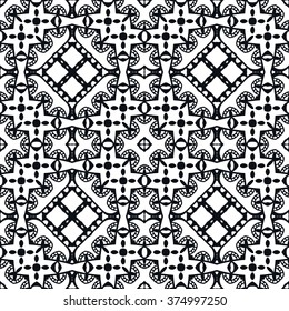 Black and white geometric background seamless pattern, repeating monochrome fabric texture. Tribal ethnic ornament, vector decorative graphic illustration