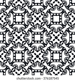 Black and white geometric background seamless pattern, repeating monochrome fabric texture. Tribal ethnic ornament, vector decorative doodle sketch illustration
