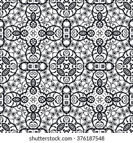 Black and white geometric background seamless pattern, repeating monochrome fabric texture. Tribal ethnic ornament, vector decorative doodle sketch illustration