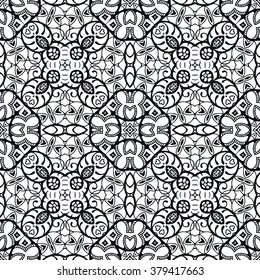 Black and white geometric background seamless pattern, repeating monochrome fabric texture. Tribal ethnic ornament, vector decorative graphic illustration