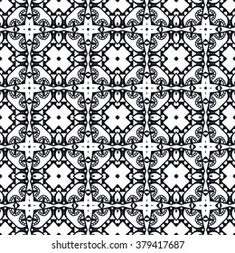 Black and white geometric background seamless pattern, repeating monochrome fabric texture. Tribal ethnic ornament, vector decorative graphic illustration