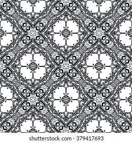 Black and white geometric background seamless pattern, repeating monochrome fabric texture. Tribal ethnic ornament, vector decorative graphic illustration